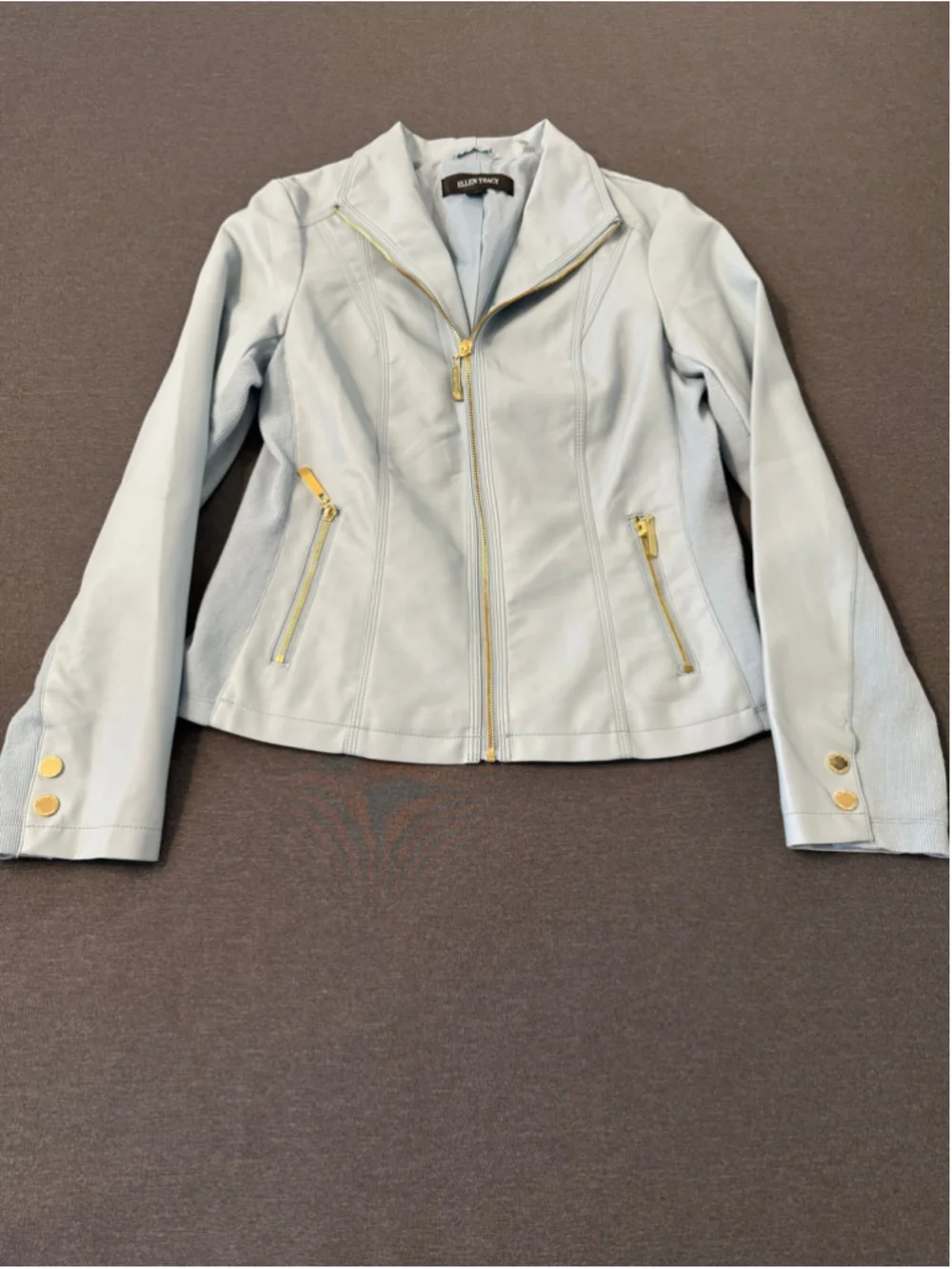 Ellen Tracy Light Blue Vegan Leather Jacket - Gold Zippers - NWOT Size Small